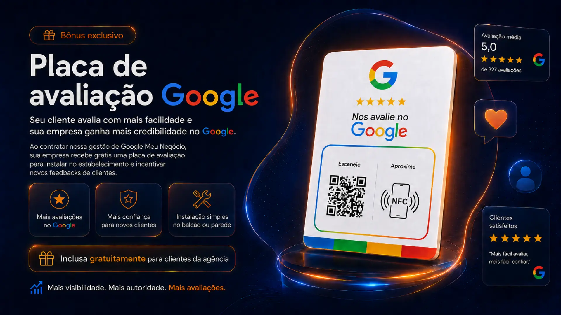 Placa de avaliação do Google com QR Code e NFC para o balcão do estabelecimento