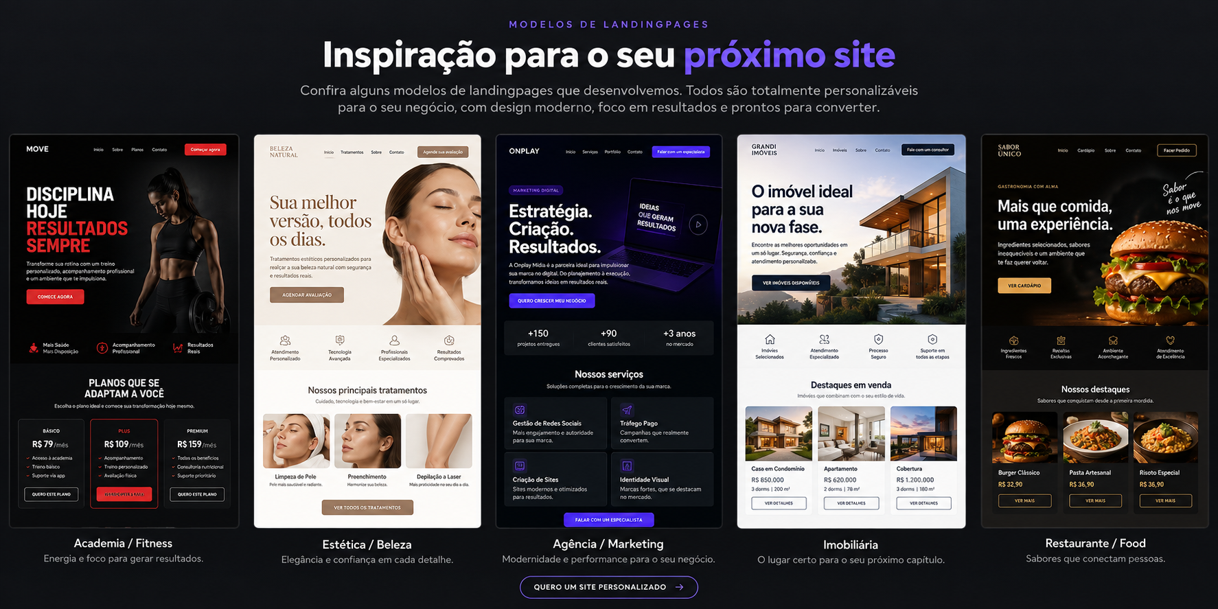 Modelos de landing pages criados pela Onplay Mídia — Academia, Estética, Agência, Imobiliária e Restaurante